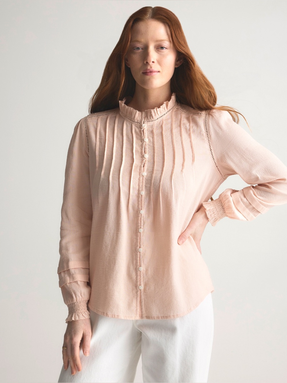 Quince Pink Organic Cotton Textured Peasant Blouse Small